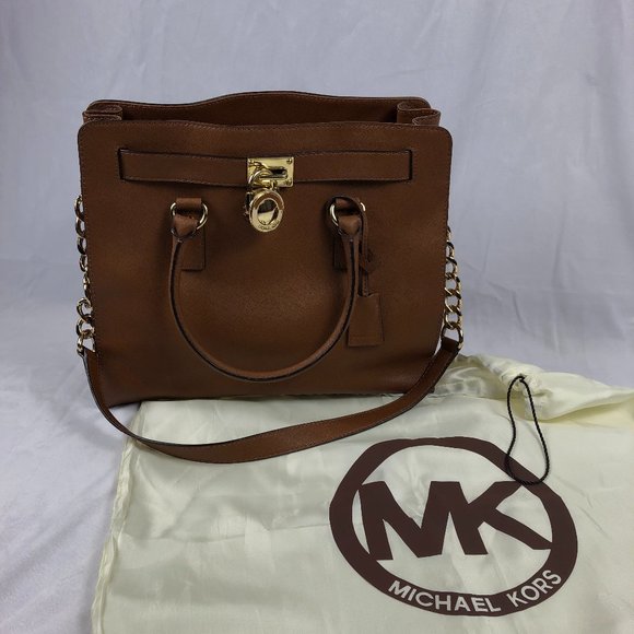 Michael Kors Hamilton Lock Tan Leather Chain Chic Minimalist Shoulder Bag - Picture 6 of 16